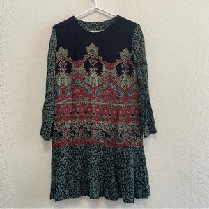 vtg CAROLE LITTLE Shift Flounce Dress 4P Boho Print Short Slv German Fabric